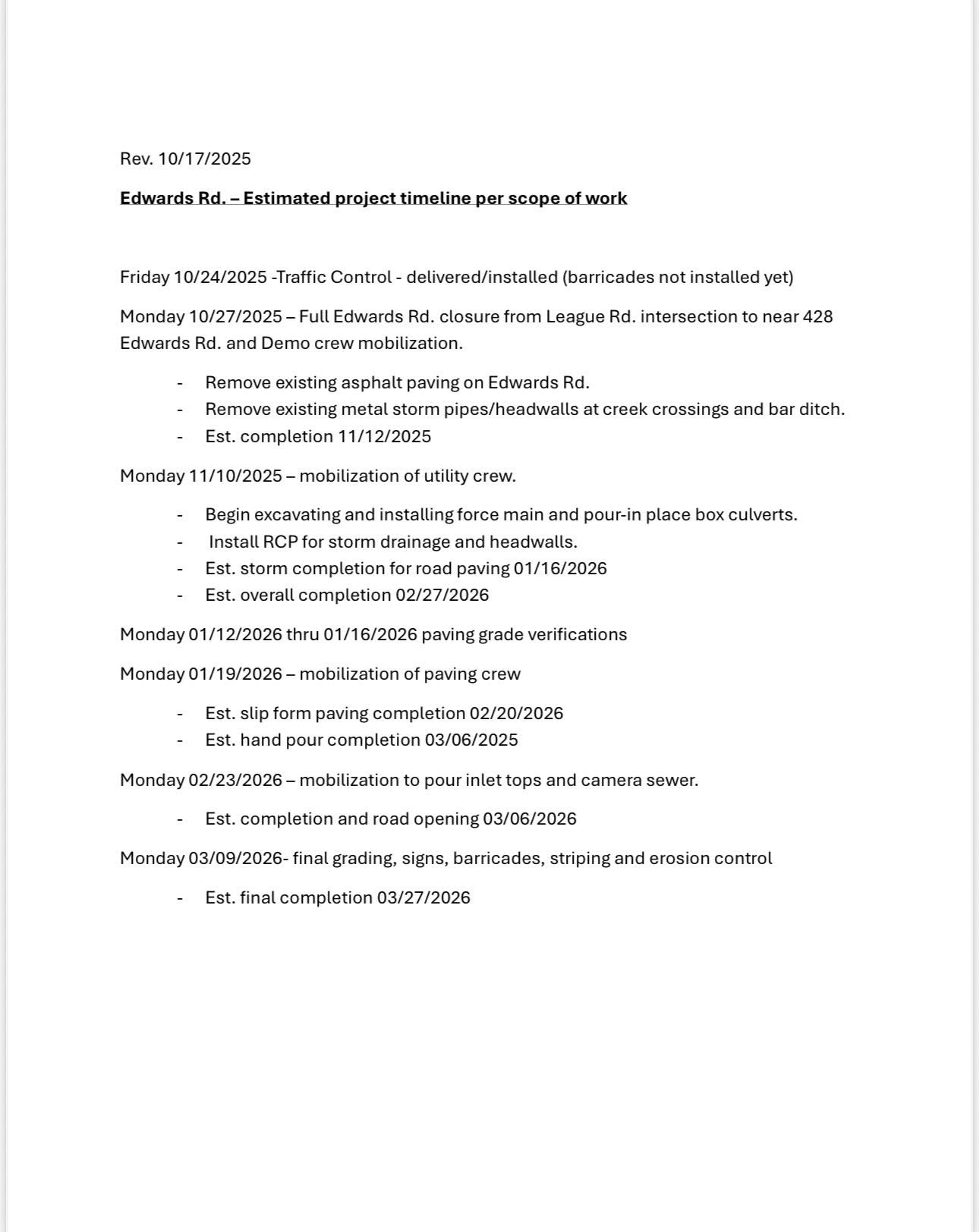 Edwards Road Timeline